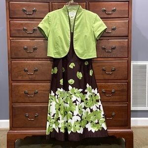 Pretty Ladies Size 6 Floral Brown/Lime Green Print Dress with Bolero Jacket